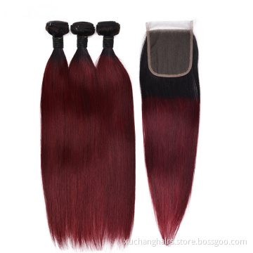 Goedkope prijs rauw Indiaas haar weven kleur 1b/99J hair extensions raw maagdelijk menselijk haarbundels met sluiting